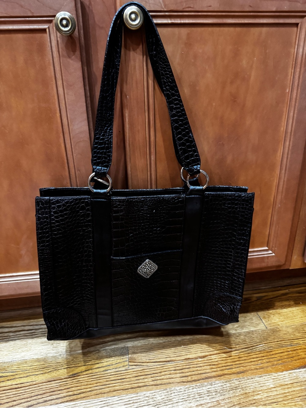 Coldwater Creek Black Croc-Embossed Tote with Decorative Medallion